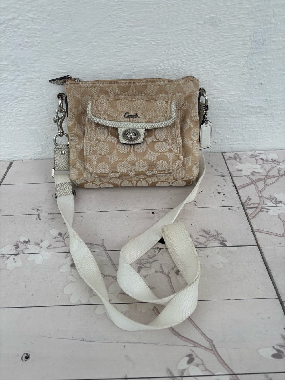 Coach Beige Canvas Signature Crossbody with White Strap